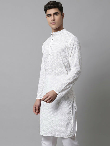 Men’s White Embroidered Cotton Kurta – Mandarin Collar, Straight Fit
