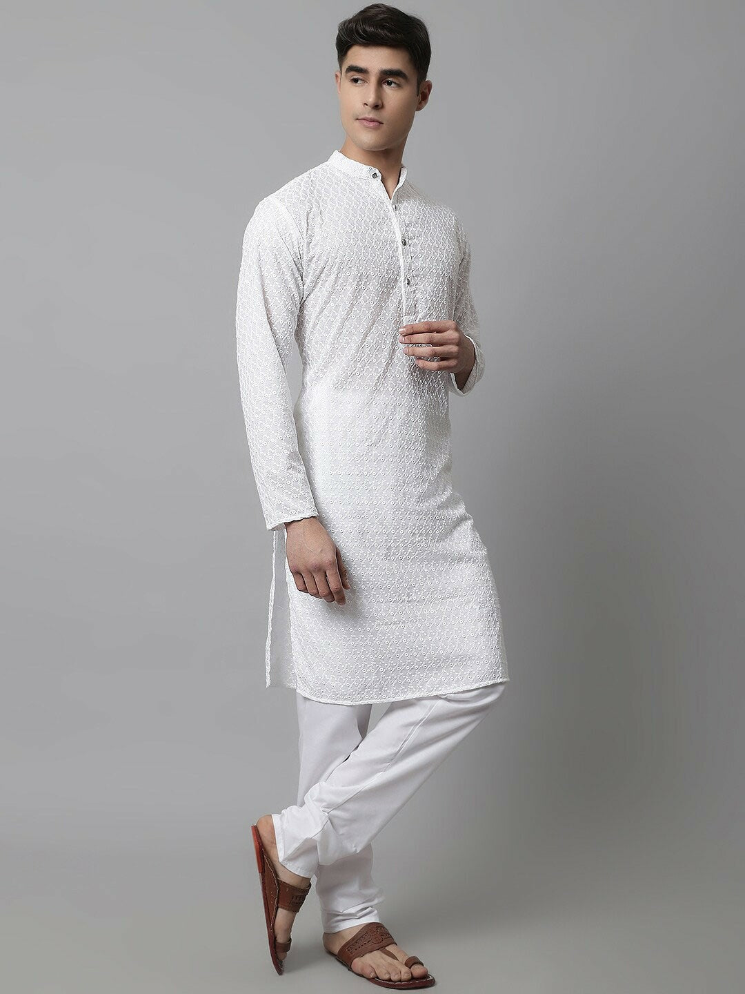 Men’s White Embroidered Cotton Kurta – Mandarin Collar, Straight Fit