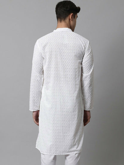 Men’s White Embroidered Cotton Kurta – Mandarin Collar, Straight Fit