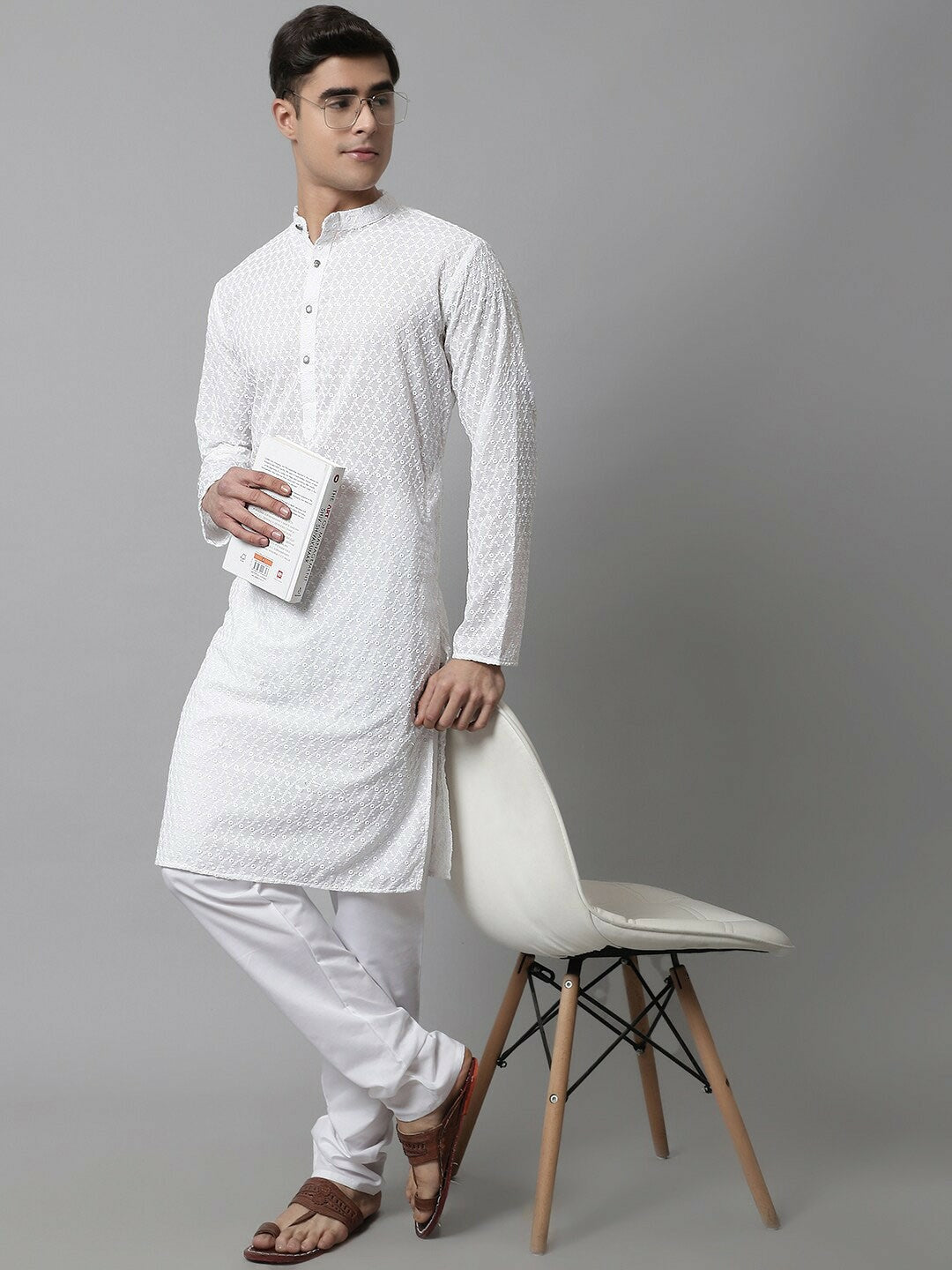 Men’s White Embroidered Cotton Kurta – Mandarin Collar, Straight Fit