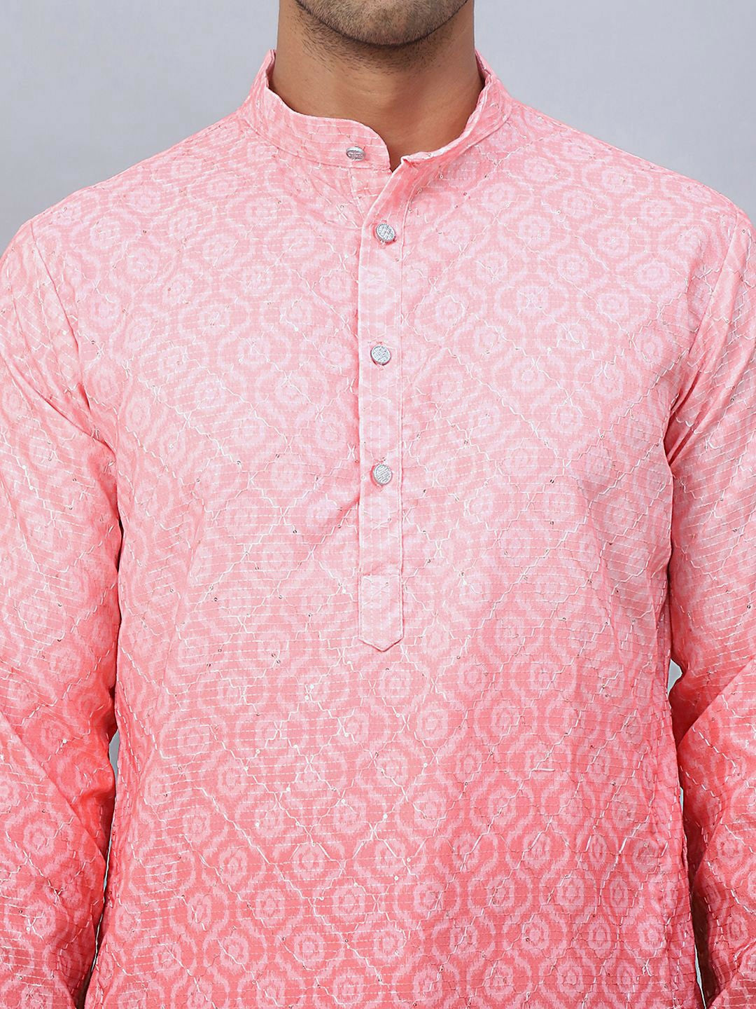 Men’s Coral Red Cotton Kurta – Ethnic Motif with Mandarin Collar