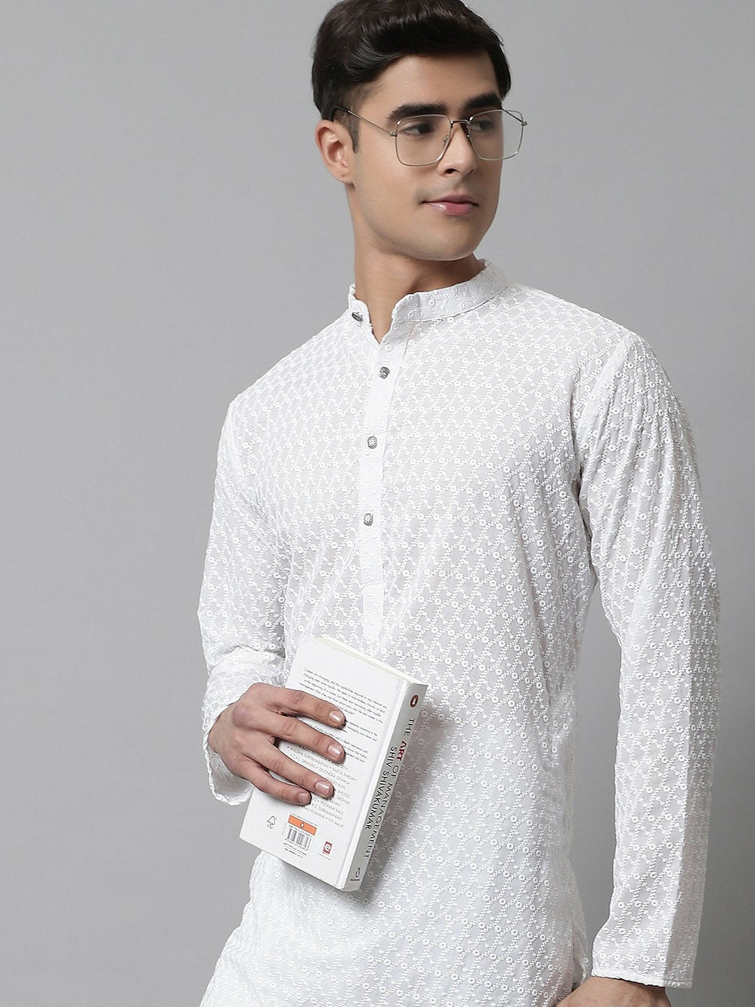 Men’s White Embroidered Cotton Kurta – Mandarin Collar, Straight Fit