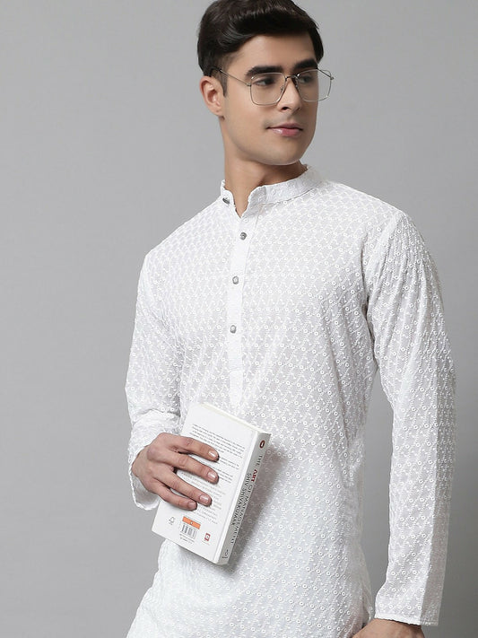 Men’s White Embroidered Cotton Kurta – Mandarin Collar, Straight Fit