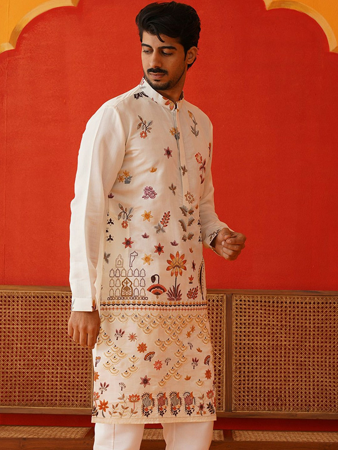 Men’s White Floral Chikankari Kurta – Silk-Blend, Mandarin Collar