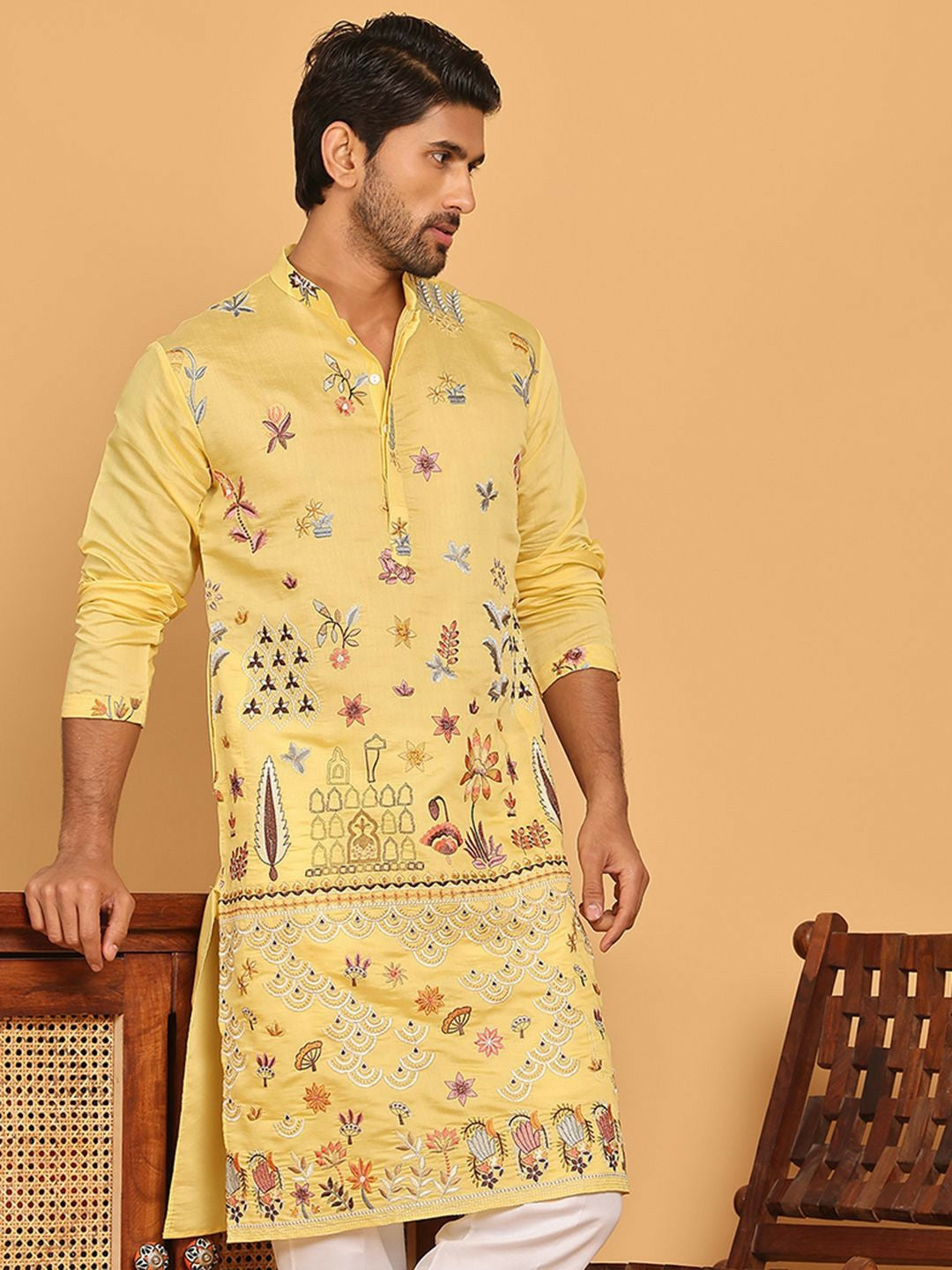 Men’s Bright Yellow Chikankari Kurta – Silk-Blend, Mandarin Collar