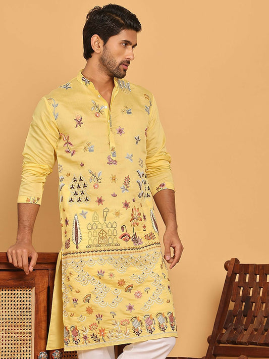 Men’s Bright Yellow Chikankari Kurta – Silk-Blend, Mandarin Collar