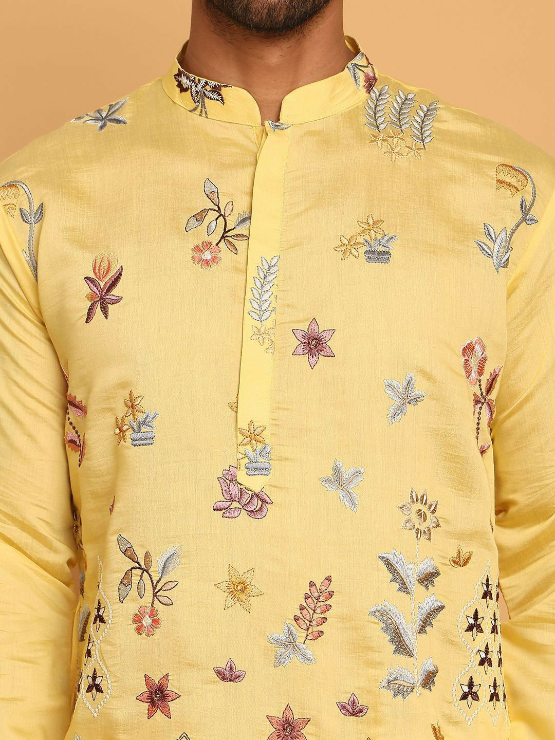 Men’s Bright Yellow Chikankari Kurta – Silk-Blend, Mandarin Collar