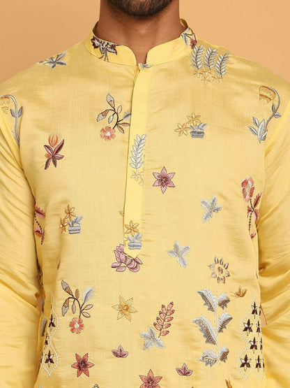 Men’s Bright Yellow Chikankari Kurta – Silk-Blend, Mandarin Collar