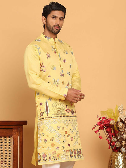 Men’s Bright Yellow Chikankari Kurta – Silk-Blend, Mandarin Collar