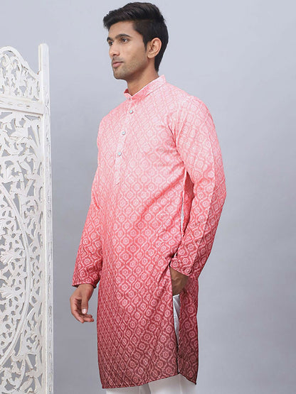 Men’s Coral Red Cotton Kurta – Ethnic Motif with Mandarin Collar