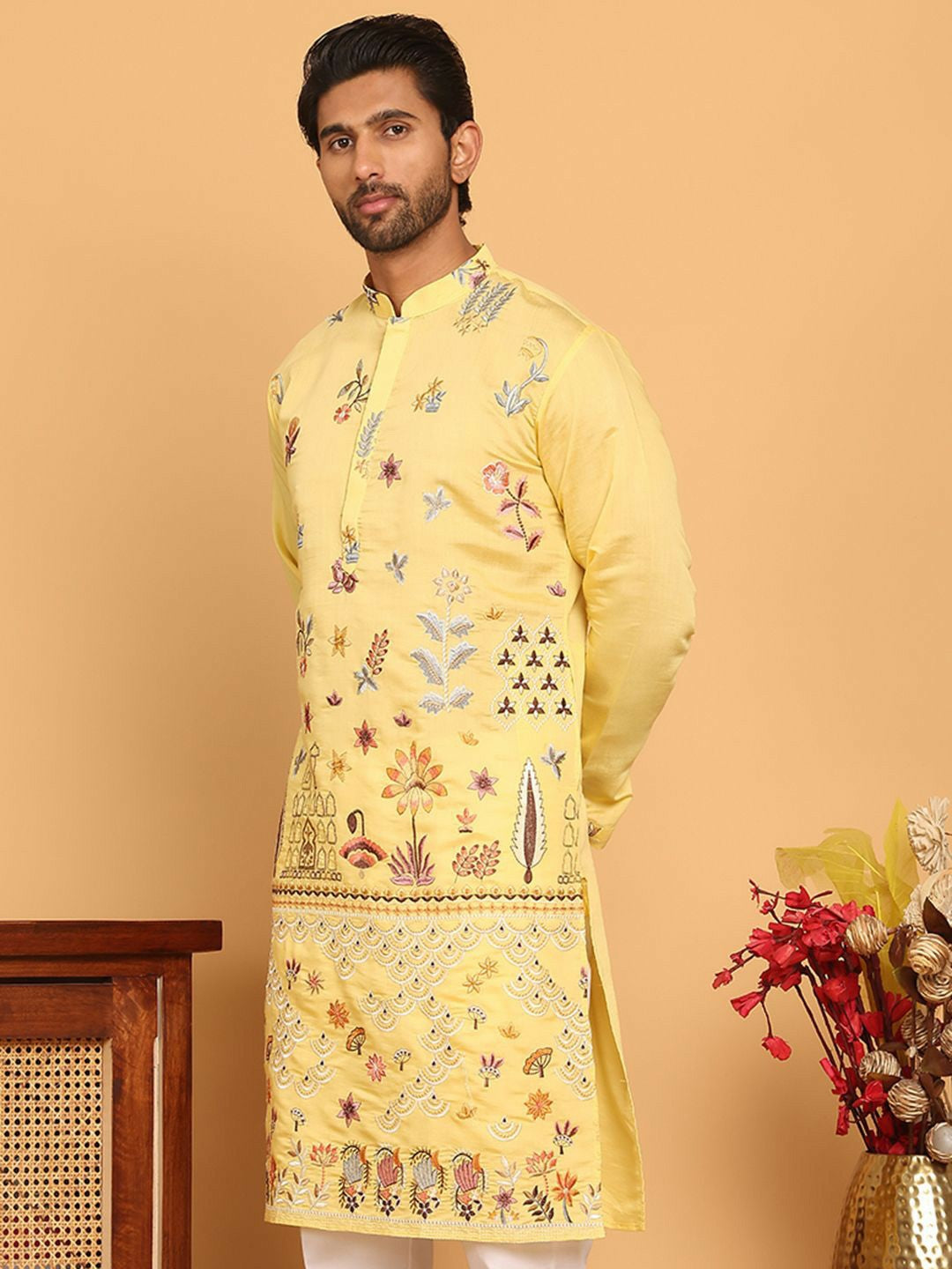 Men’s Bright Yellow Chikankari Kurta – Silk-Blend, Mandarin Collar