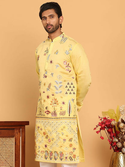 Men’s Bright Yellow Chikankari Kurta – Silk-Blend, Mandarin Collar