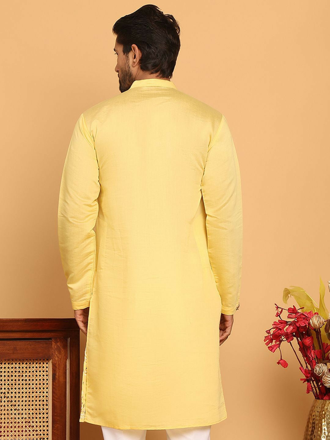 Men’s Bright Yellow Chikankari Kurta – Silk-Blend, Mandarin Collar