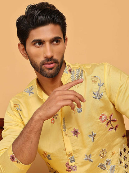 Men’s Bright Yellow Chikankari Kurta – Silk-Blend, Mandarin Collar