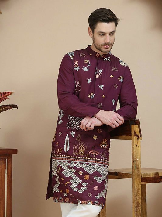 Men’s Purple Floral Chikankari Kurta – Sequinned, Silk-Blend, Mandarin Collar