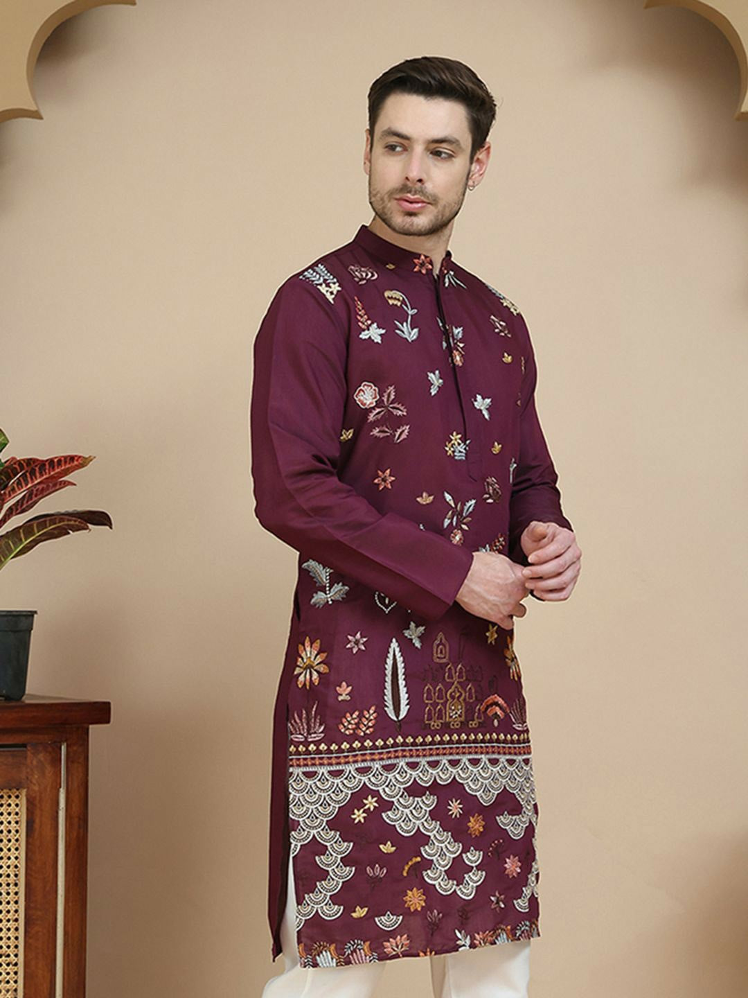 Men’s Purple Floral Chikankari Kurta – Sequinned, Silk-Blend, Mandarin Collar