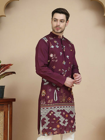 Men’s Purple Floral Chikankari Kurta – Sequinned, Silk-Blend, Mandarin Collar