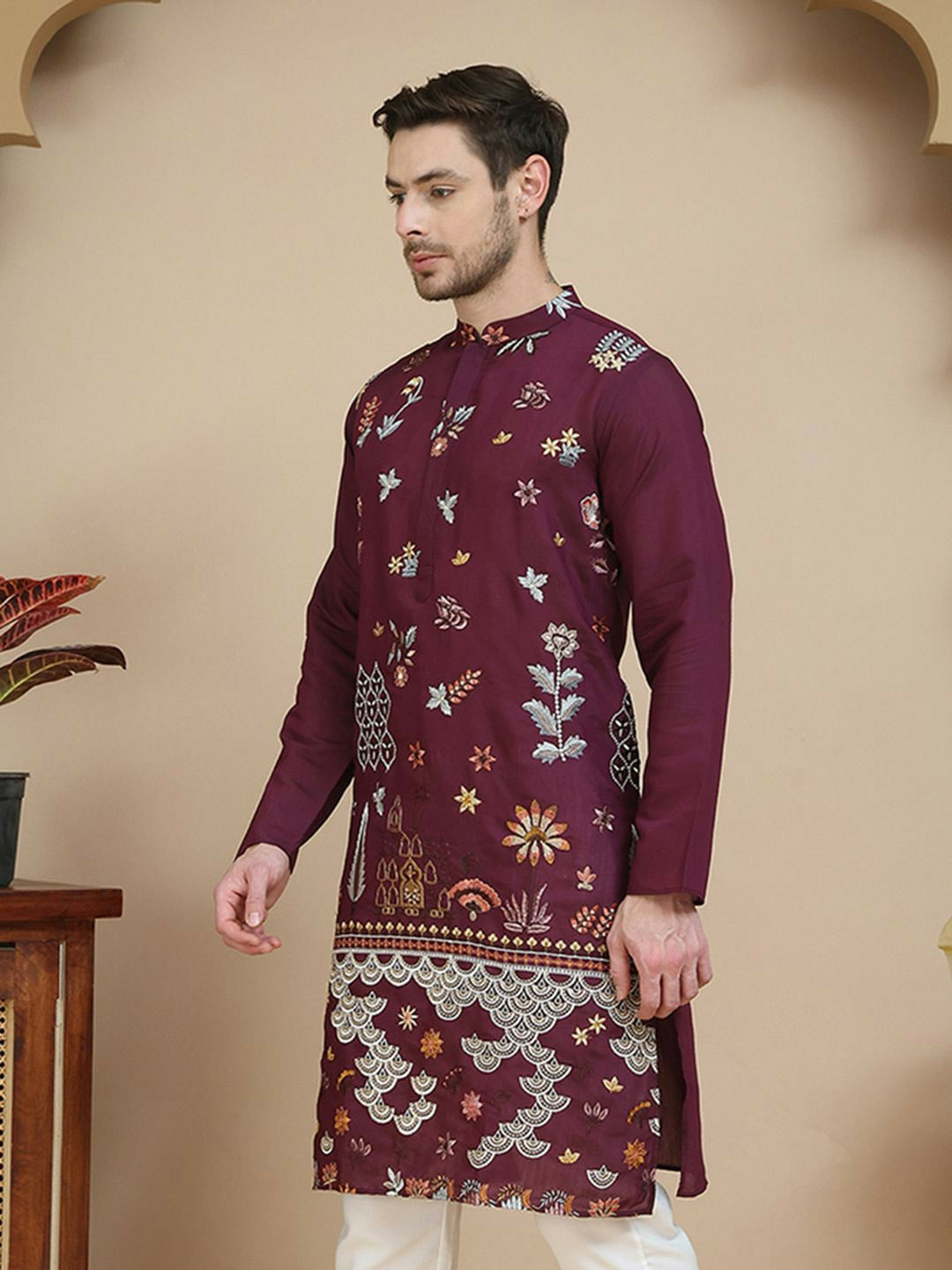 Men’s Purple Floral Chikankari Kurta – Sequinned, Silk-Blend, Mandarin Collar