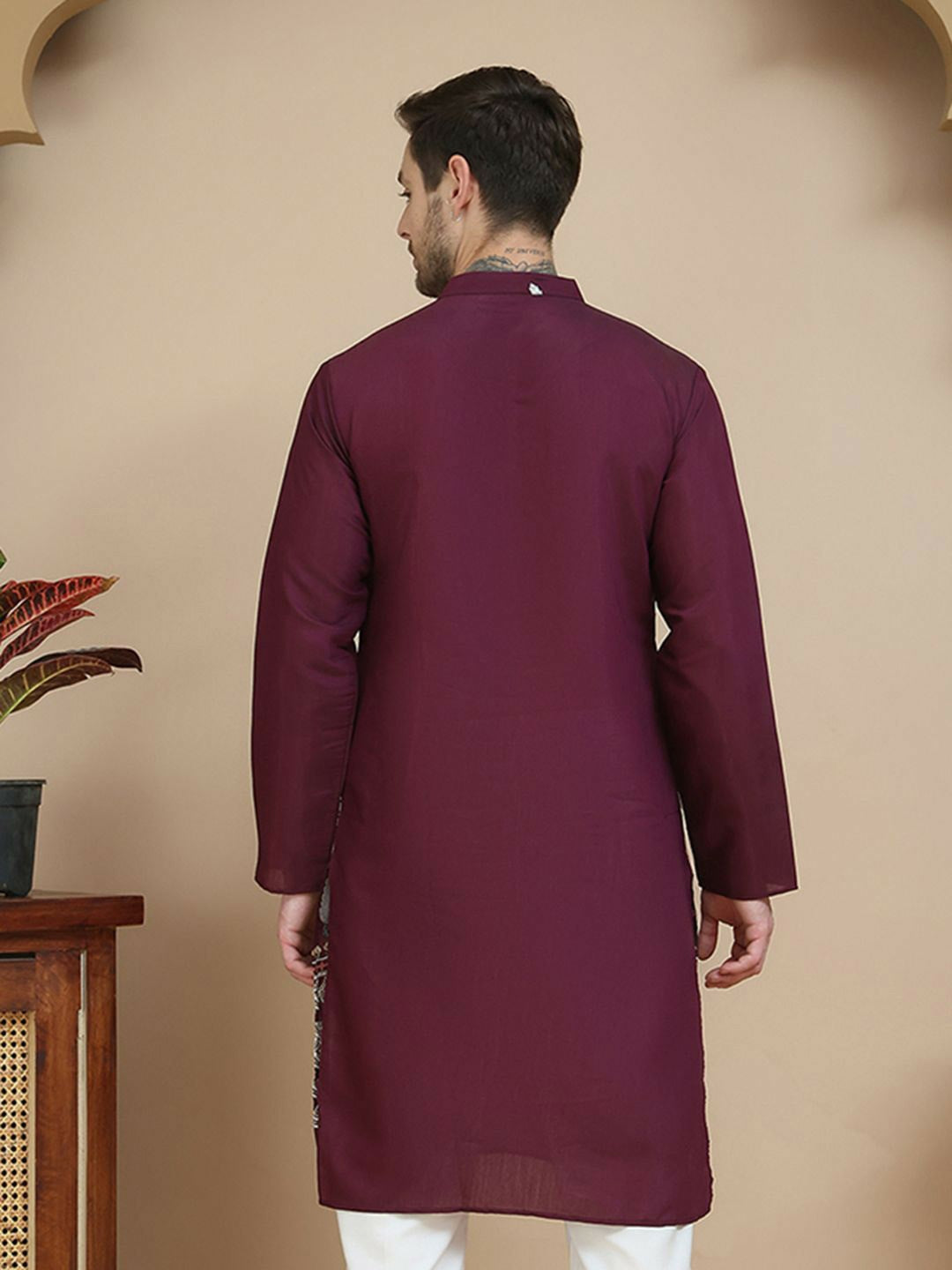 Men’s Purple Floral Chikankari Kurta – Sequinned, Silk-Blend, Mandarin Collar