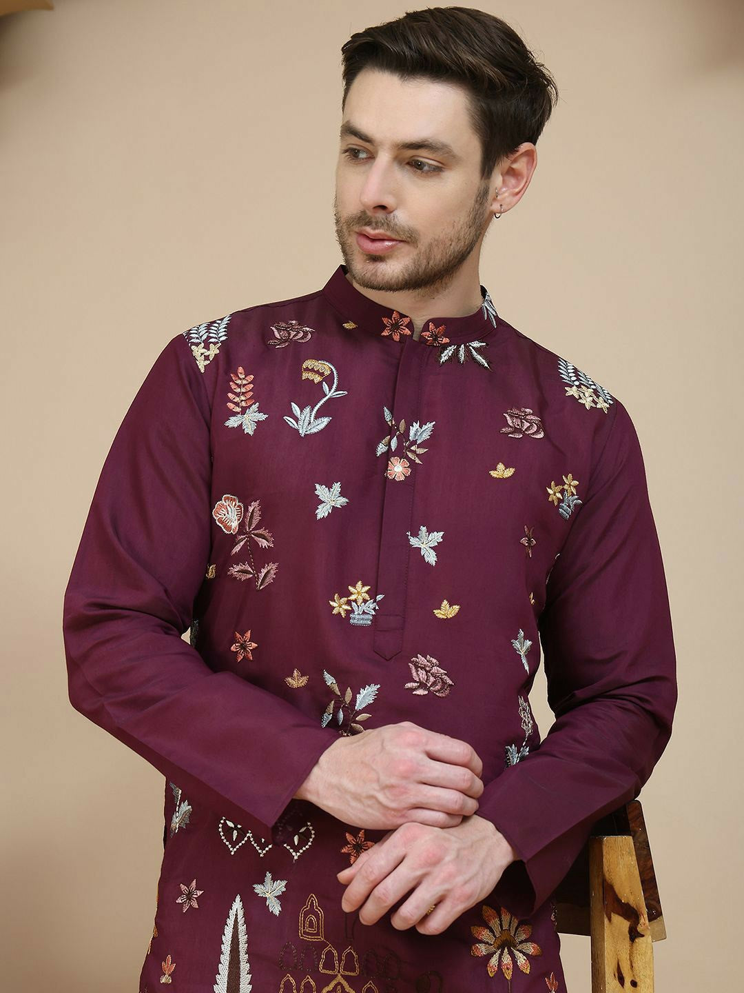 Men’s Purple Floral Chikankari Kurta – Sequinned, Silk-Blend, Mandarin Collar