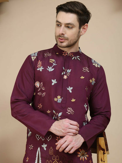 Men’s Purple Floral Chikankari Kurta – Sequinned, Silk-Blend, Mandarin Collar