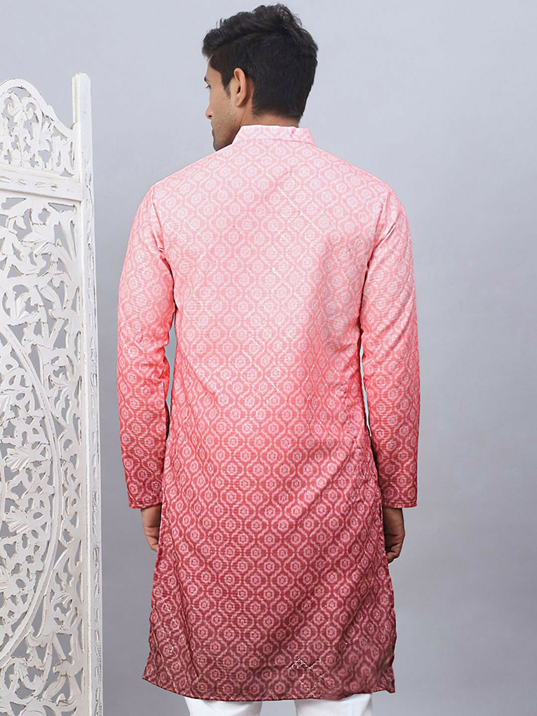 Men’s Coral Red Cotton Kurta – Ethnic Motif with Mandarin Collar