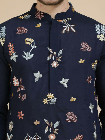 Men’s Navy Blue & Grey Floral Chikankari Kurta – Silk-Cotton Blend, Mandarin Collar