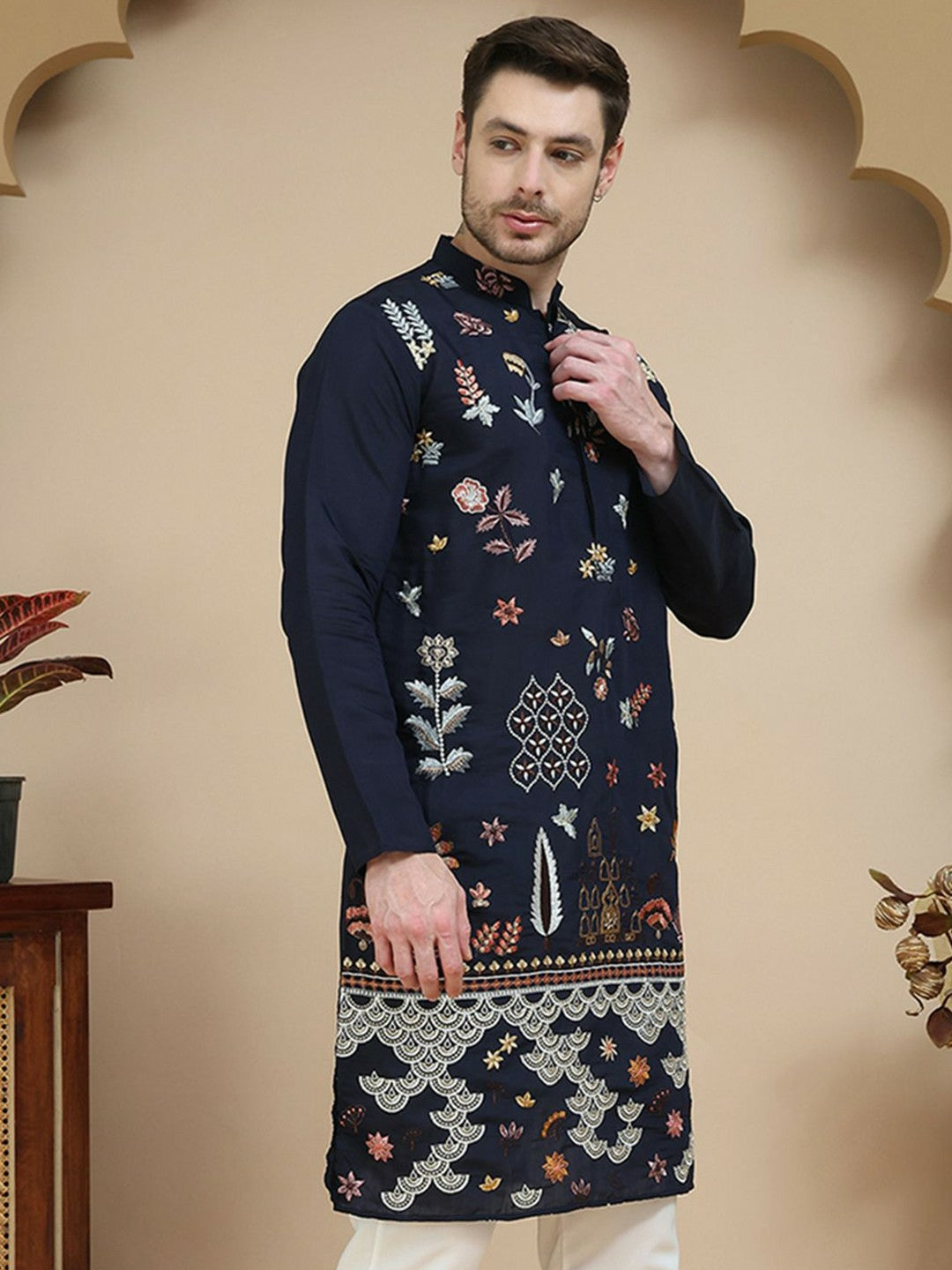 Men’s Navy Blue & Grey Floral Chikankari Kurta – Silk-Cotton Blend, Mandarin Collar
