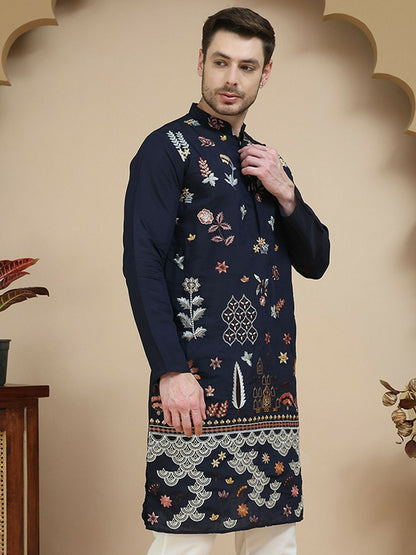 Men’s Navy Blue & Grey Floral Chikankari Kurta – Silk-Cotton Blend, Mandarin Collar