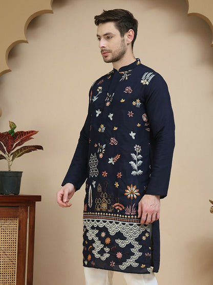 Men’s Navy Blue & Grey Floral Chikankari Kurta – Silk-Cotton Blend, Mandarin Collar