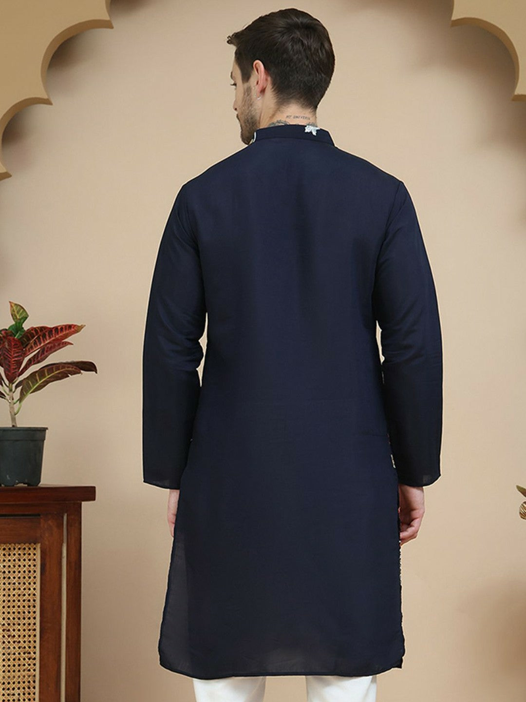 Men’s Navy Blue & Grey Floral Chikankari Kurta – Silk-Cotton Blend, Mandarin Collar