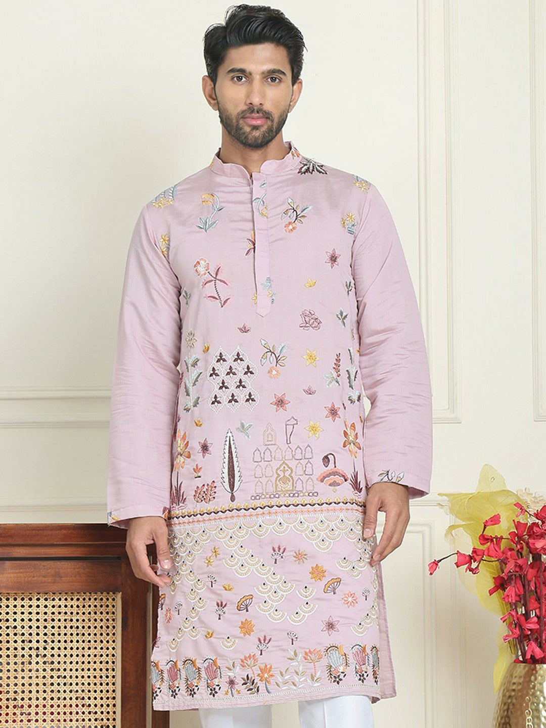 Men’s Purple Floral Chikankari Kurta – Silk-Cotton Blend, Mandarin Collar