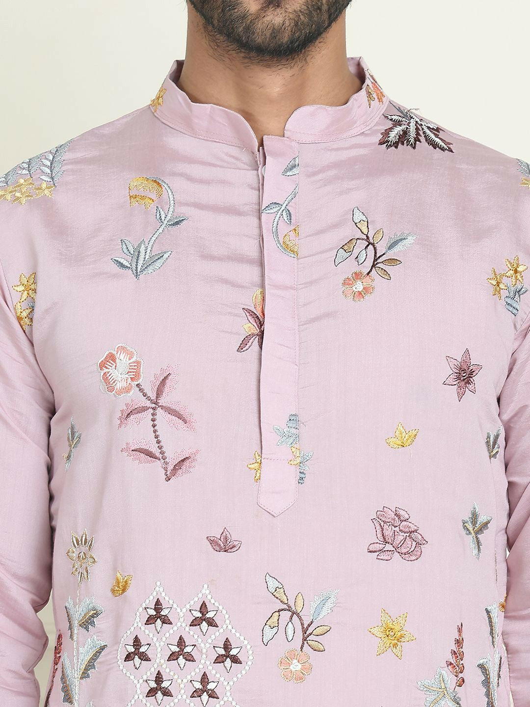 Men’s Purple Floral Chikankari Kurta – Silk-Cotton Blend, Mandarin Collar