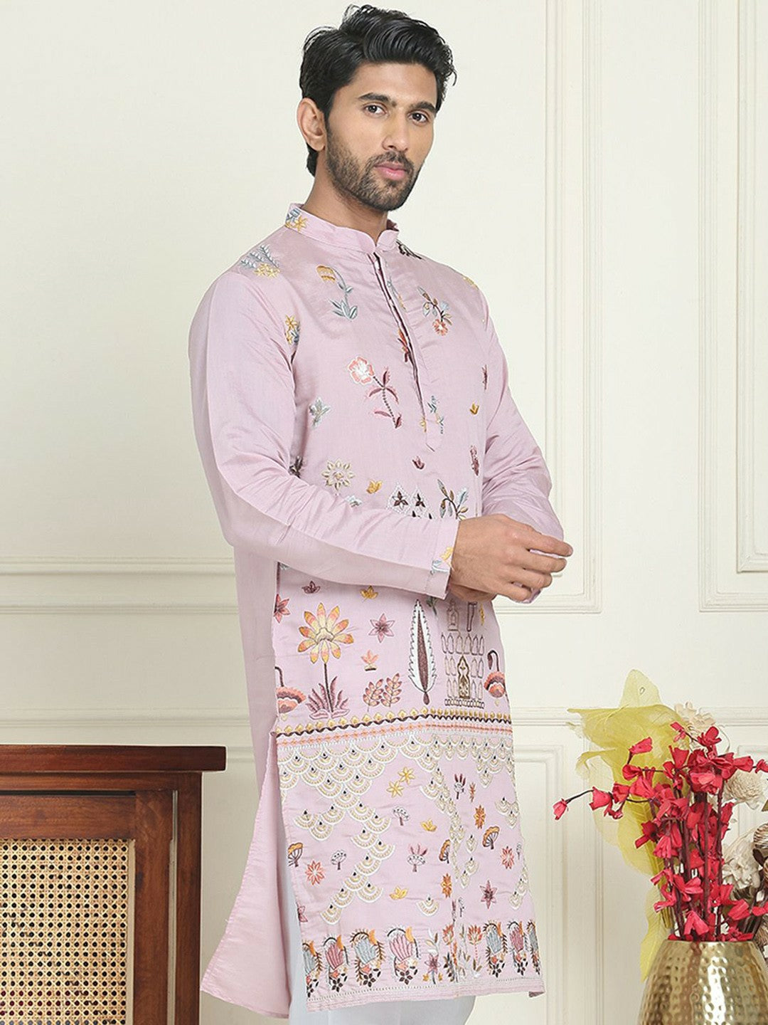Men’s Purple Floral Chikankari Kurta – Silk-Cotton Blend, Mandarin Collar
