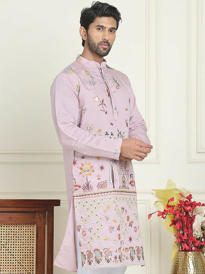 Men’s Purple Floral Chikankari Kurta – Silk-Cotton Blend, Mandarin Collar