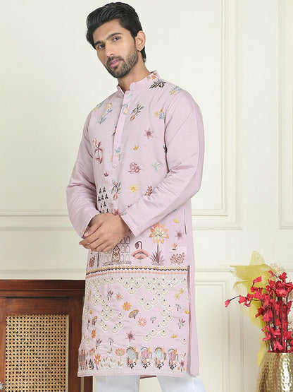 Men’s Purple Floral Chikankari Kurta – Silk-Cotton Blend, Mandarin Collar