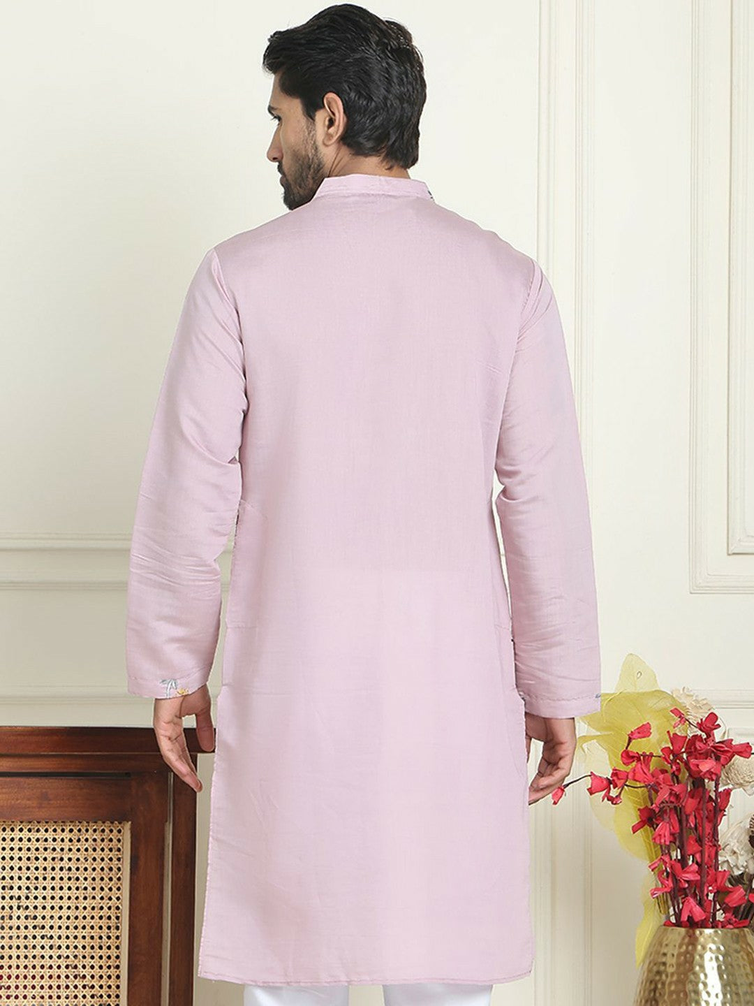 Men’s Purple Floral Chikankari Kurta – Silk-Cotton Blend, Mandarin Collar