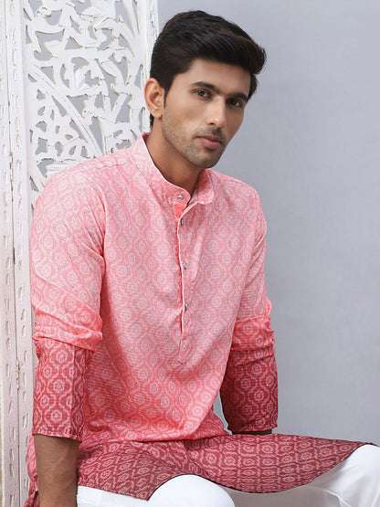 Men’s Coral Red Cotton Kurta – Ethnic Motif with Mandarin Collar