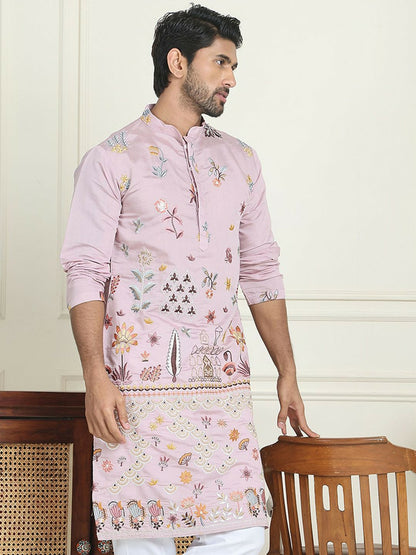 Men’s Purple Floral Chikankari Kurta – Silk-Cotton Blend, Mandarin Collar