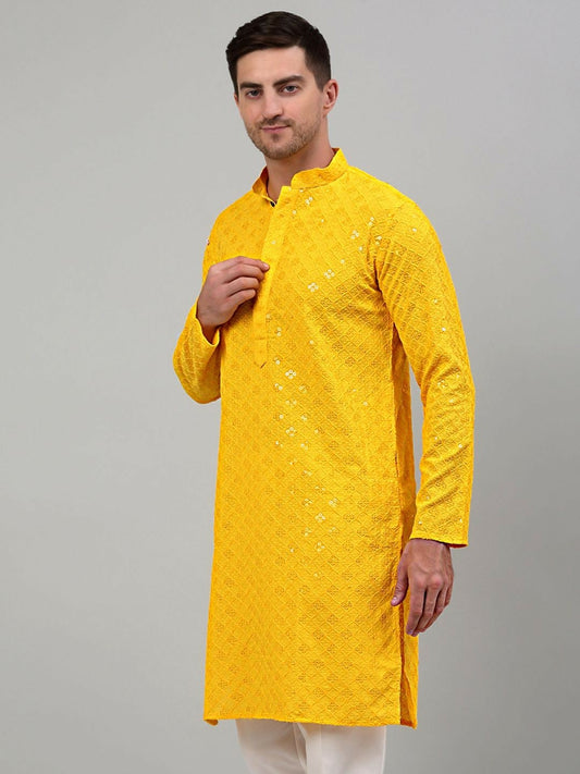 Men’s Yellow Geometric Embroidered Sequinned Kurta – Cotton, Mandarin Collar