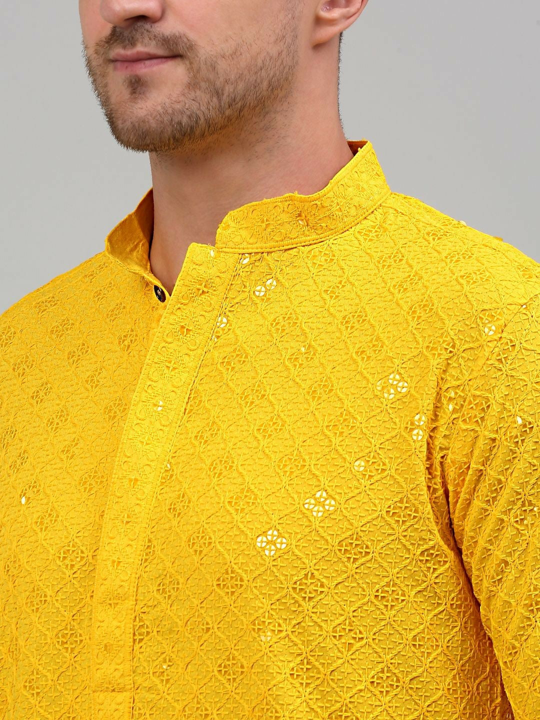 Men’s Yellow Geometric Embroidered Sequinned Kurta – Cotton, Mandarin Collar