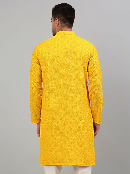 Men’s Yellow Geometric Embroidered Sequinned Kurta – Cotton, Mandarin Collar