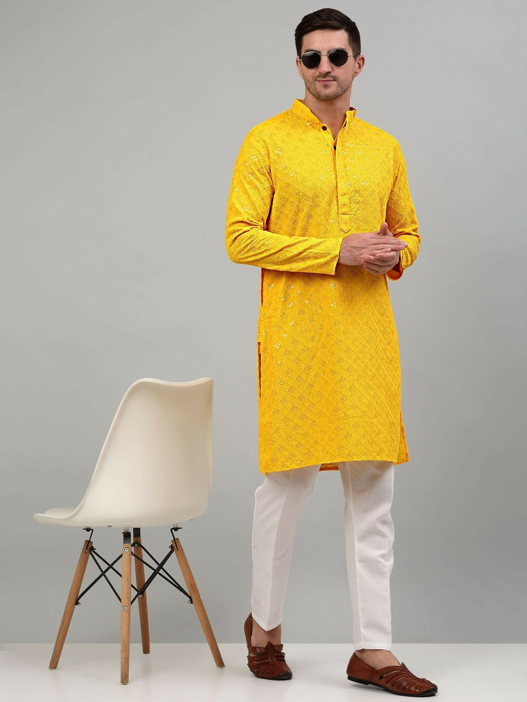 Men’s Yellow Geometric Embroidered Sequinned Kurta – Cotton, Mandarin Collar