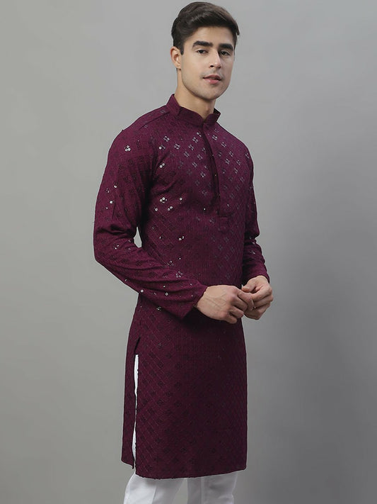 Men’s Purple Geometric Embroidered Sequinned Kurta – Cotton, Mandarin Collar