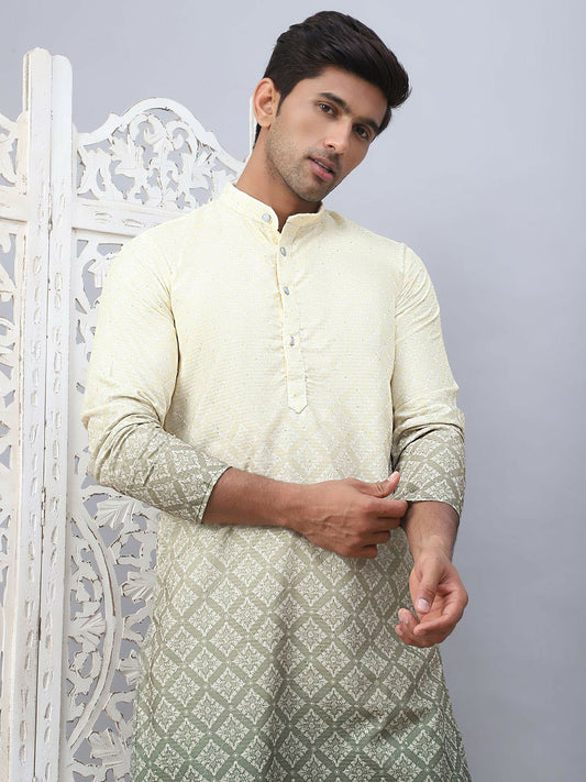 Men’s Grey Ombre Floral Kurta – Sequinned Mandarin Collar