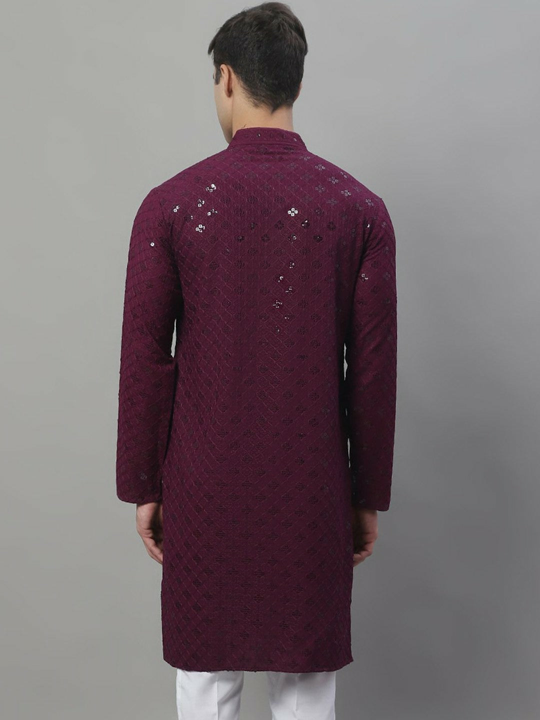 Men’s Purple Geometric Embroidered Sequinned Kurta – Cotton, Mandarin Collar