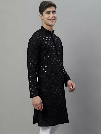 Indiaista Men’s Black Geometric Embroidered Sequinned Kurta – 100% Cotton