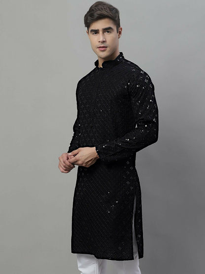 Indiaista Men’s Black Geometric Embroidered Sequinned Kurta – 100% Cotton