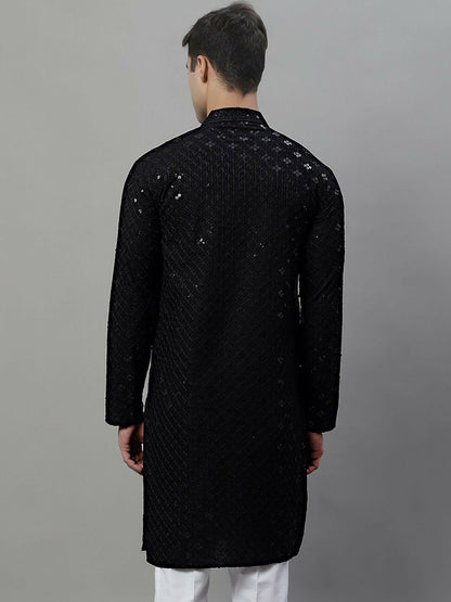 Indiaista Men’s Black Geometric Embroidered Sequinned Kurta – 100% Cotton