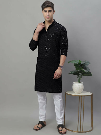Indiaista Men’s Black Geometric Embroidered Sequinned Kurta – 100% Cotton